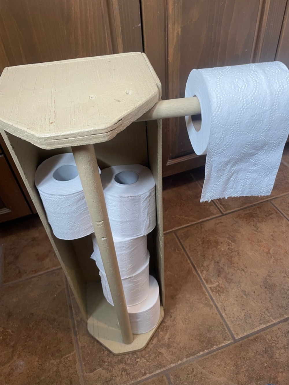 Hand made Neutral Cream Wooden Toilet Paper Stand with Dispenser